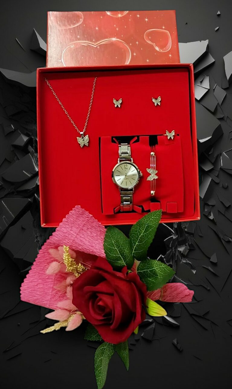 Şık ve Anlamlı Bayan Hediye Seti: Saat, Takı Seti ve Çiçek Buketiyle Kusursuz Kombin